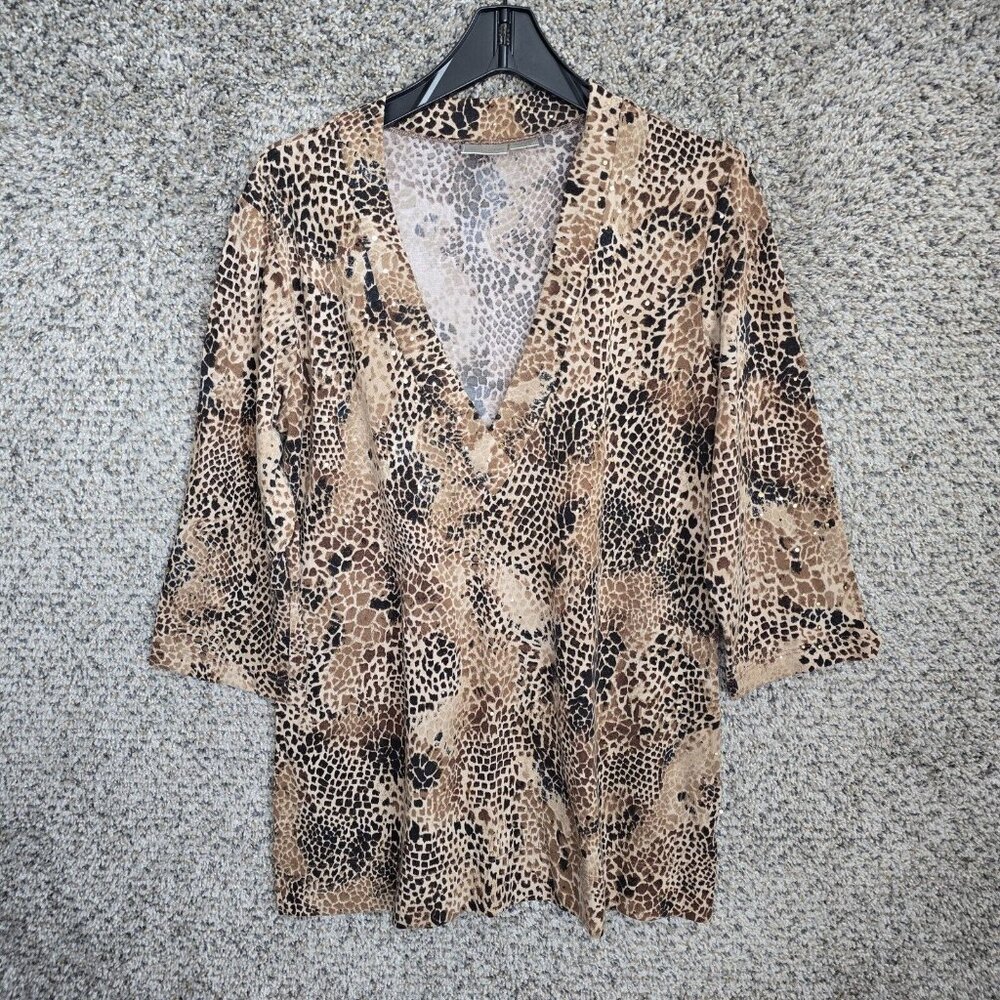 Chicos Top Womens 2 US Large Brown Animal Print V Neck Sequin Stretch Polyester
